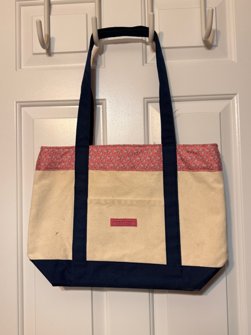 Vineyard Vines Canvas Tote in Navy, Cream & Pink Martini Trim